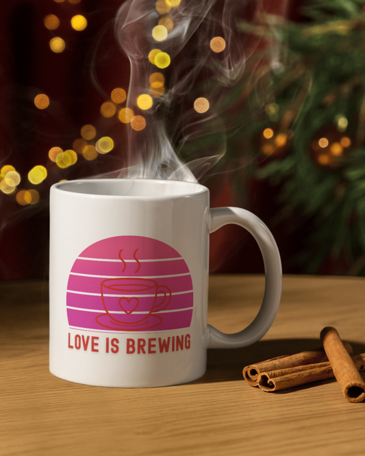 Love Is Brewing Mug | Romantic Coffee Cup | 11oz Pink Ceramic Mug Gift
