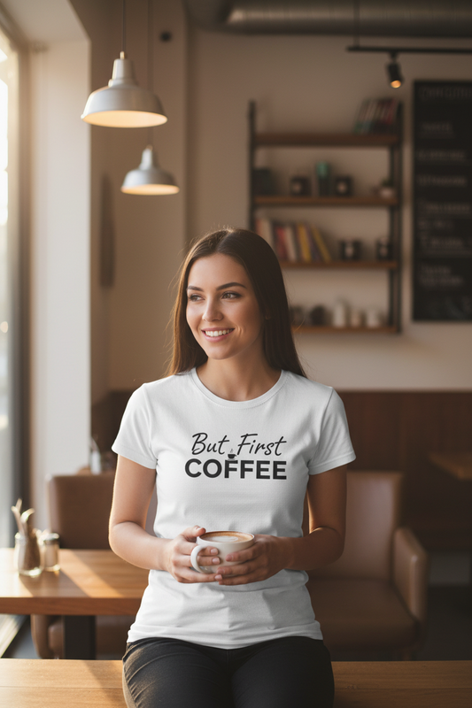But First Coffee T-Shirt - Funny Coffee Lover Gift - Soft Cotton Tee for Coffee Addicts